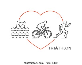 Line vector logo for triathlon with open path. Outline figure triathlete. Stylish symbol for triathlon on white background.