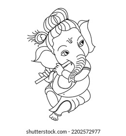 Line vector of Lord Ganesha playing flute