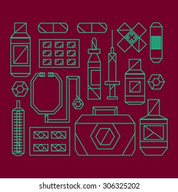 line vector medical set collection first aid kit essentials instruments drugs chemicals health care icons medicine elements tools