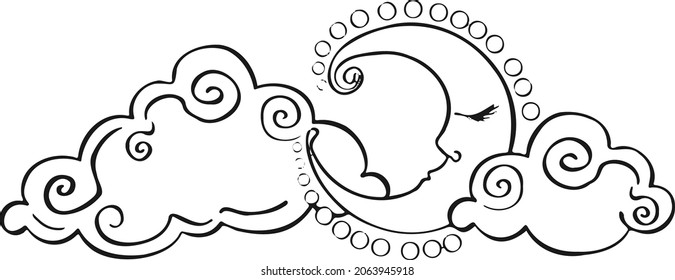 Line vector month the moon sleeps in the clouds in the sky
