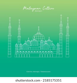 Vector de línea de la mezquita en Malasia. Mezquita de cristal, Kuala Terengganu, Terengganu, Malasia