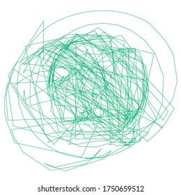 Line vector, net of lies, chaotic green lines, uncertainty vector, rounds of very thin broken lines, dense net in center, less dense on outer borders, environmentally friendly, doodle vector