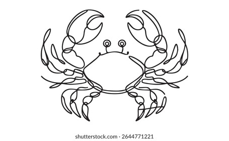 Line vector outline drawing of a crab with big claws standing on the sand