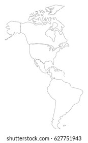 Line vector outline map of North and South America on white.