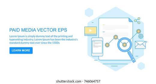 Line vector for Paid media, advertising, content marketing banner with icons and texts