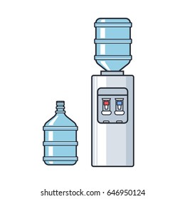 Line vector plastic water cooler with blue full bottle. Flat illustration on white background.