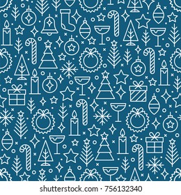 Line vector seamless pattern with new year and christmas symbols.