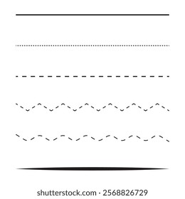 Line vector set. Dashed and solid lines. Minimalist black shapes. Straight and wavy styles.