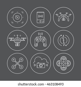 Line vector set of drone icons. Different views of drone and drone equipment. Modern vehicles for photography, delivery and military purposes. Technology and innovation symbols.