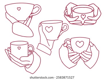 Line vector set of illustrations with hands holding cup with the hearts. Love, romantic, st valentine,s day symbol.