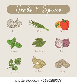 Line vector set of stickers for herbs and spices. garlic, chives, paprika, bay leaves, onion, coriander, cardamon, oregano, nutmeg. part 2