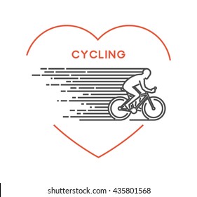 Line vector symbol for bicycling with open path. I love cycling. Outline figure cyclist.