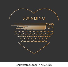 Line vector symbol for swimming with open path. I love swim. Outline figure swimmer. Stylish logo swimming on white background. Open path.