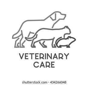 Line vector symbol for veterinary care with open path. Outline dog, cat and mouse. Modern logo veterinary clinic on white background.
