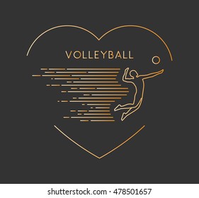Line vector symbol for volleyball with open path. I love volleyball. Outline figure volleyball player. Stylish logo volleyball on white background.