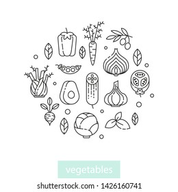 Line vector vegetables icons design element. Set circle shape. Healthy lifestyle illustration.