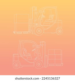 Line vector of warehouse forklift in different angle. Heavy equipment for warehouse.