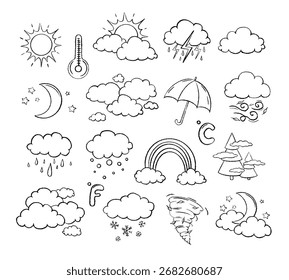 Conjunto grande del icono del Clima del Vector de línea. Dibujado a mano por tiza. Ilustración del doodle del esquema con la temperatura, el sol, la lluvia, la nieve, la nube, la tormenta, para el pronóstico del clima. Meteorología