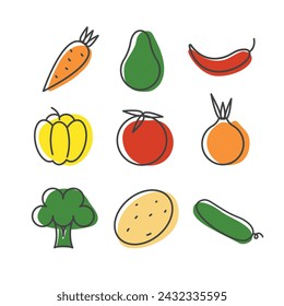 Line vegetable set. Simple outline vegetables icon with colour. Linear style vector illustration isolated on white background.