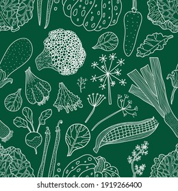 Line vegetables. Cute green decorative seamless pattern.