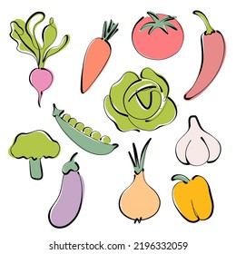 Line vegetables set sketches. Vector illustration isolated on white background. 