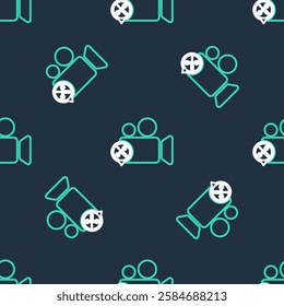 Line Video camera with screwdriver and wrench icon isolated seamless pattern on black background. Adjusting, service, setting, maintenance, repair, fixing.  Vector