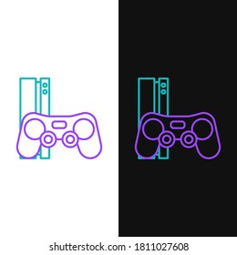 Line Video game console with joystick icon isolated on white and black background. Colorful outline concept. Vector