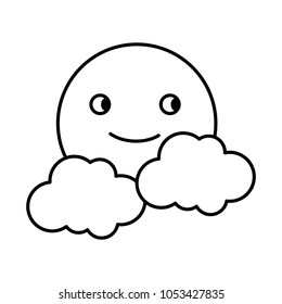 line videogame smile sun charater with clouds vector illustration