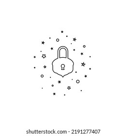 Line Vintage Lock With Stars Icon. Mystery, Clue And Magic Symbol. Help, Hint, Tint And Secret Concept. Vector Illustration Isolated On Black. Unlock Treasure Sign.