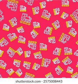 Line Vintage locomotive icon isolated seamless pattern on red background. Steam locomotive.  Vector