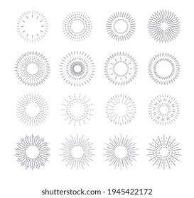 Line vintage sunburst. Circle solar burst, radiant frames design. Graphic rays flare, blasting stars or sparks. Isolated hipster sun utter vector set