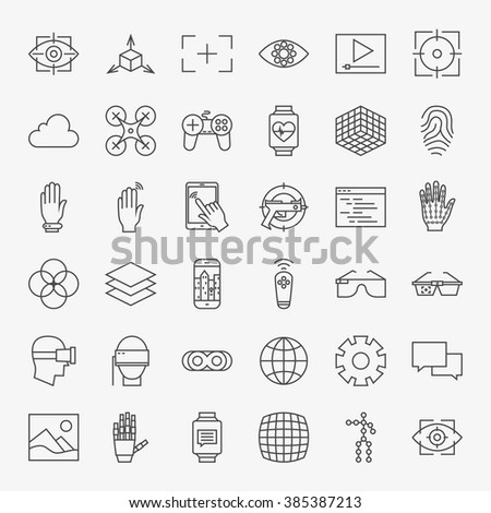 Line Virtual Reality Design Icons Big Set. Vector Set of Modern Thin Line Icons for Innovation and Technology Augmented Reality gadgets.