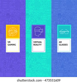 Line Virtual Reality Patterns Set. Vector Illustration of Logo Design. Template for Packaging with Labels.