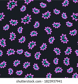 Line Virus icon isolated seamless pattern on black background. Corona virus 2019-nCoV. Bacteria and germs, cell cancer, microbe, fungi.  Vector Illustration