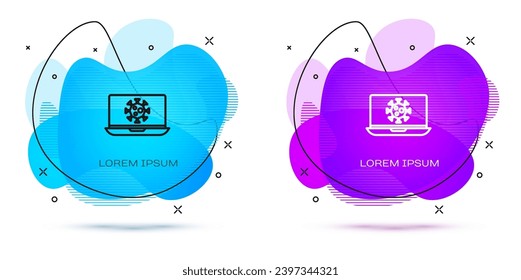 Line Virus statistics on laptop icon isolated on white background. Corona virus 2019-nCoV. Bacteria and germs, cell cancer, microbe, fungi. Abstract banner with liquid shapes. Vector