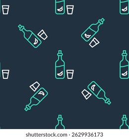 Line Vodka with pepper and glass icon isolated seamless pattern on black background. Ukrainian national alcohol.  Vector