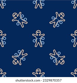 Line Voodoo doll icon isolated seamless pattern on blue background. Happy Halloween party.  Vector