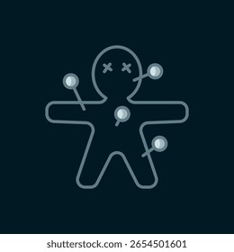 Line Voodoo doll icon isolated on black background. Happy Halloween party. Flat filled outline style with shadow. Vector