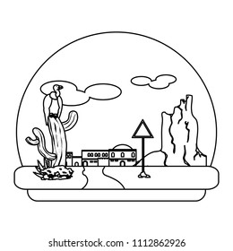 line vulture in cactus and city desert with notice emblem