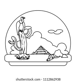 line vulture in the cactus desert and animal skull