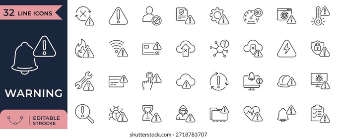 Ícone de alerta e aviso de linha definido. para design de interface do usuário com símbolos de notificação, perigo, erro, risco de segurança, falha do sistema, risco e proteção.