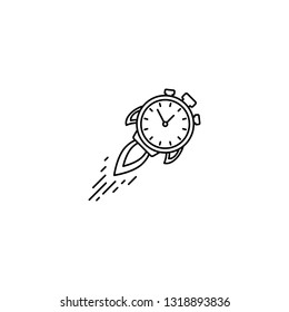 line watch rocket ship with fire. Fast time stop watch, limited offer, deadline symbol. Vector illustration on white. Time to work. Countdown shuttle