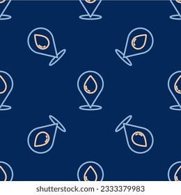 Línea de agua caída con icono de ubicación aislado patrón transparente en fondo azul.  Vector