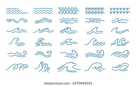 Line water wave. Marine flowing waves icons. Decorative outline curly and swirly river liquid. Zigzag horizontal sea and ocean water elements isolated on white background vector set. Aqua contours