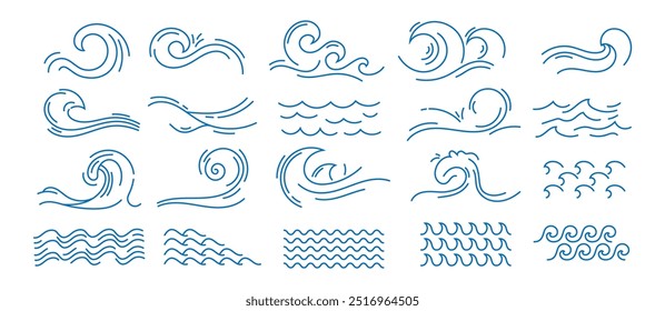 Line water wave. Simple sea linear icons, ocean storm wave and splashes abstract doodle symbols. Wavy blue river stream, surf logo elements, marine nautical vector isolated signs.