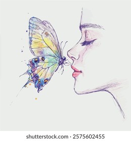 A line watercolor painting of a woman's profile with a butterfly on her face.