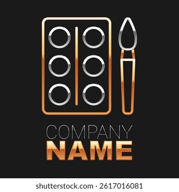 Line Watercolor paints in box with paint brush icon isolated on black background. Colorful outline concept. Vector