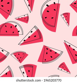 
Line watermelon summer vector seamless repeat pattern.