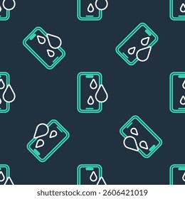 Line Waterproof mobile phone icon isolated seamless pattern on black background. Smartphone with drop of water.  Vector