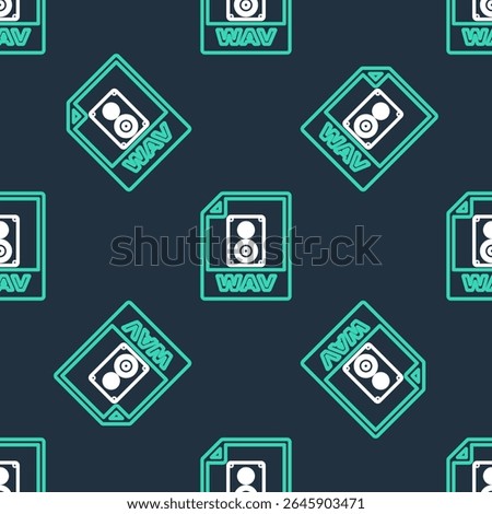 Line WAV file document. Download wav button icon isolated seamless pattern on black background. WAV waveform audio file format for digital audio riff files.  Vector